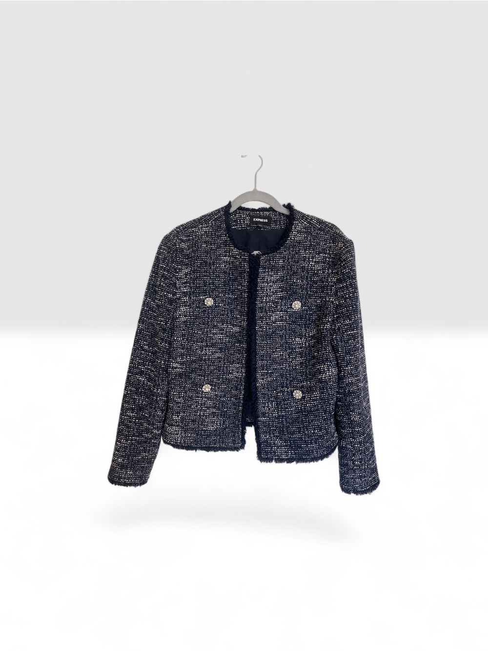 Express Navy Bouclé Tweed Collarless Jacket with Silver Buttons
